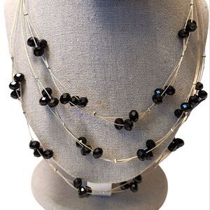 Vintage Floating‎ Black Beaded Necklace Triple Strand 20"